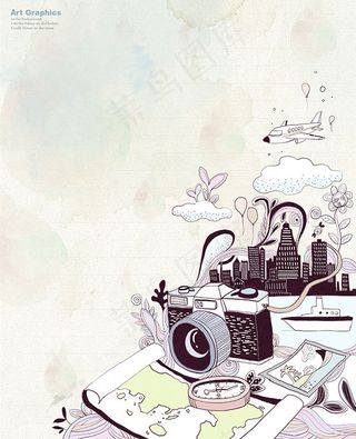 照相机跟轮船插画