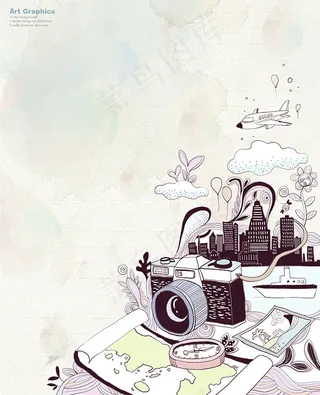 照相机跟轮船插画