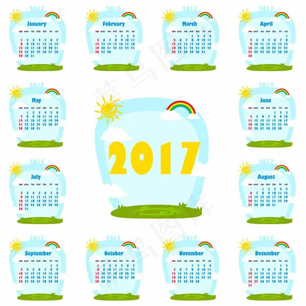 2017卡通风景日历,背景元素eps,ai矢量模版下载