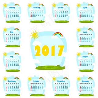 2017卡通风景日历,背景元素
