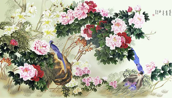 牡丹喜鹊图工笔画