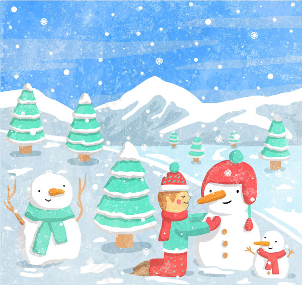 雪地堆雪人的男子