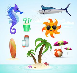 夏日沙滩图标矢量,免抠元素