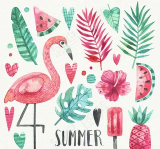 夏季花草和火烈鸟