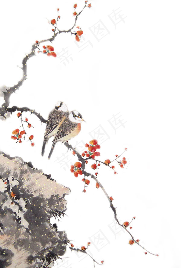 水墨桃花山鸟