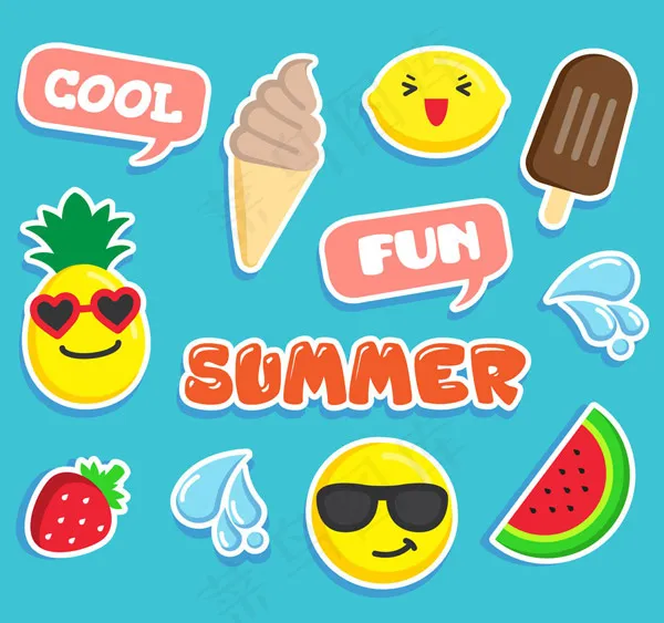 可爱夏季元素贴纸ai矢量模版下载