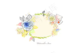 水彩线描花朵边框