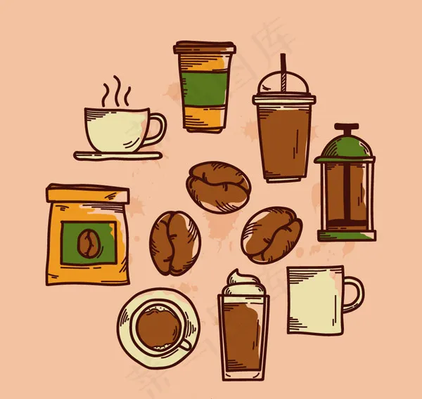 彩绘咖啡店元素