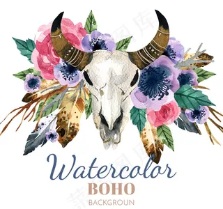 水彩牦牛头骨和花卉