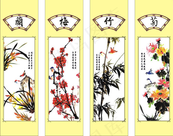 梅兰竹菊国画矢量cdr矢量模版下载