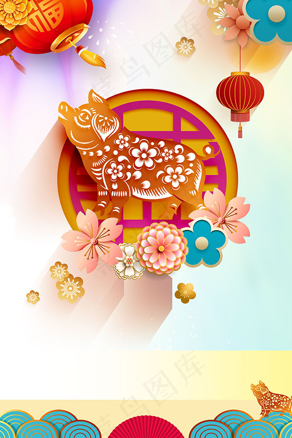 猪年花朵灯笼背景psd模版下载