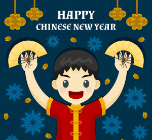 春节舞扇子的男孩