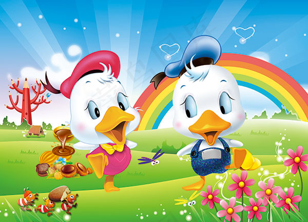 卡通鸭子和蘑菇房