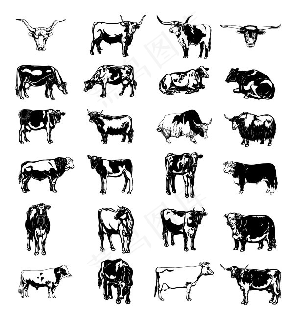 黑白画牛矢量1ai矢量模版下载