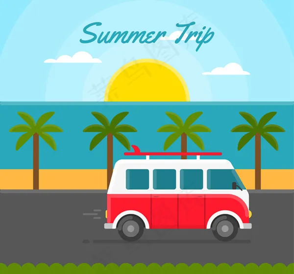 海边旅行车和日出ai矢量模版下载