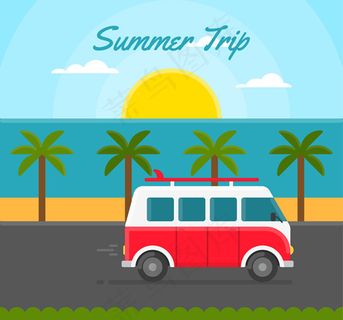 海边旅行车和日出