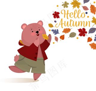 卡通熊和落叶