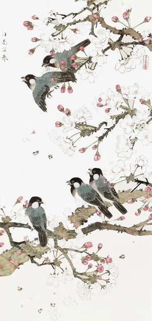 水墨桃花树上的鸟 水墨桃花树上的鸟