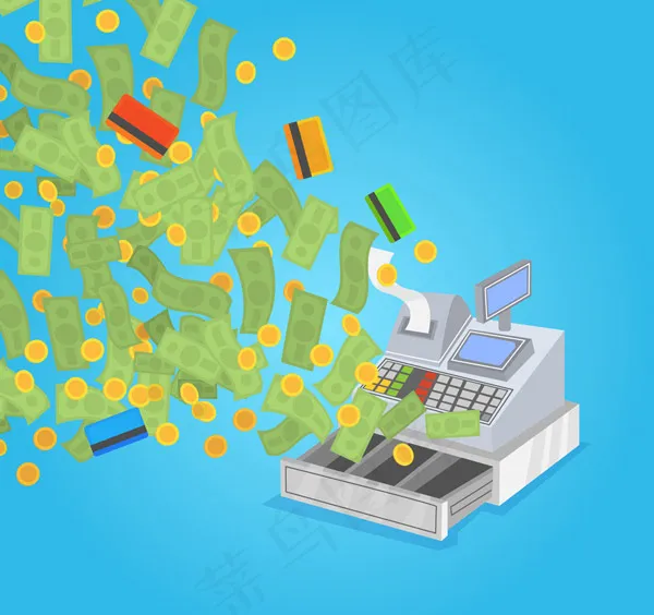 飞向收银机的钱币ai矢量模版下载