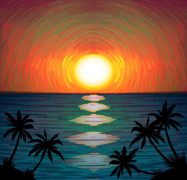 海边日落和椰子树
