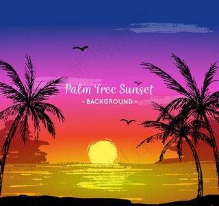 海滩夕阳和棕榈树