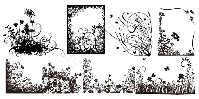 8款植物花纹剪影,免抠元素