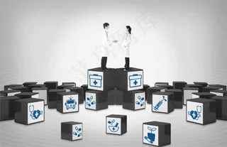 方块上握手的医生