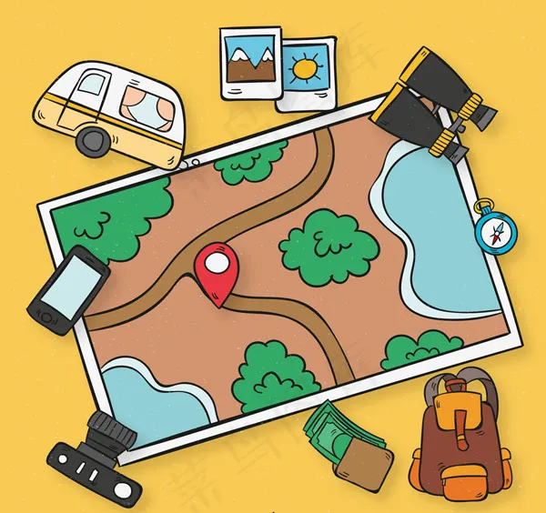 地图上的旅行元素ai矢量模版下载