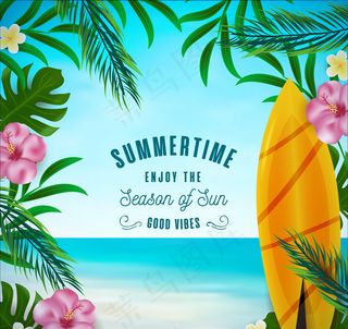 彩色夏季大海和花草