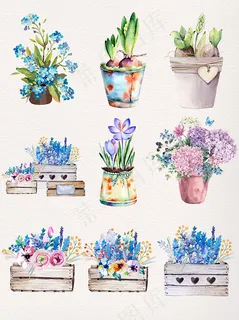 手绘水彩花卉盆