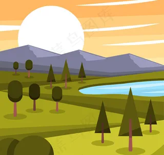 夕阳山脉湖泊