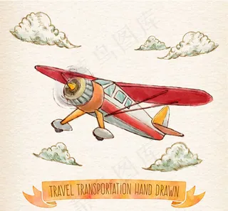 水彩绘云朵飞机