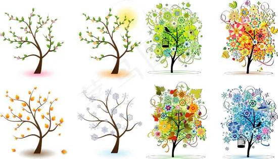 四种季节树木ai矢量模版下载