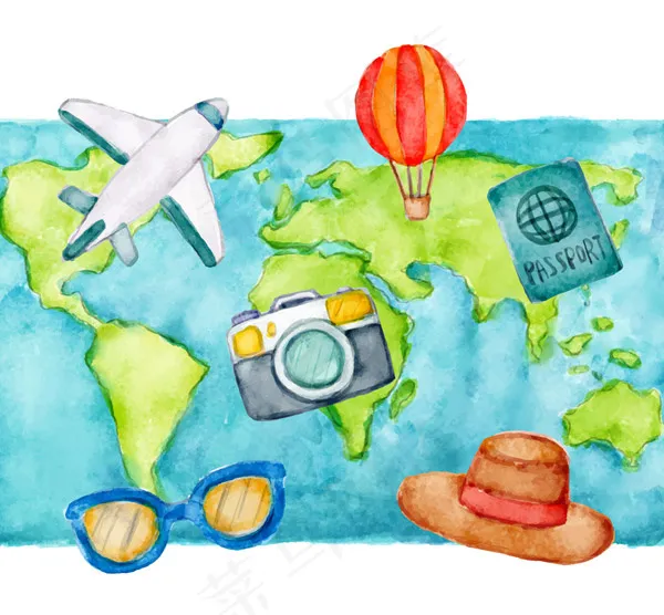 世界地图和旅行元素ai矢量模版下载