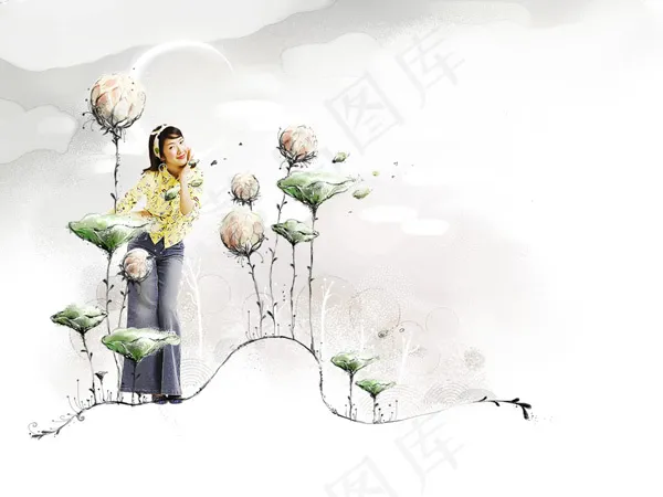 花卉插画与美女(3543X2657(DPI:300))psd模版下载