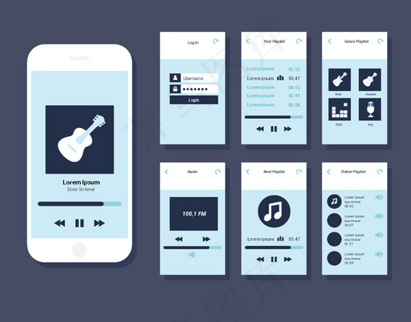 扁平音乐APP界面eps,ai矢量模版下载