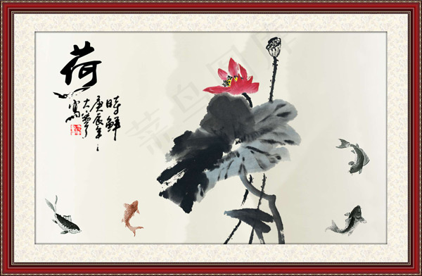 水墨荷花中堂画(200X130)cdr矢量模版下载