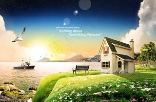 水边房子长椅风景