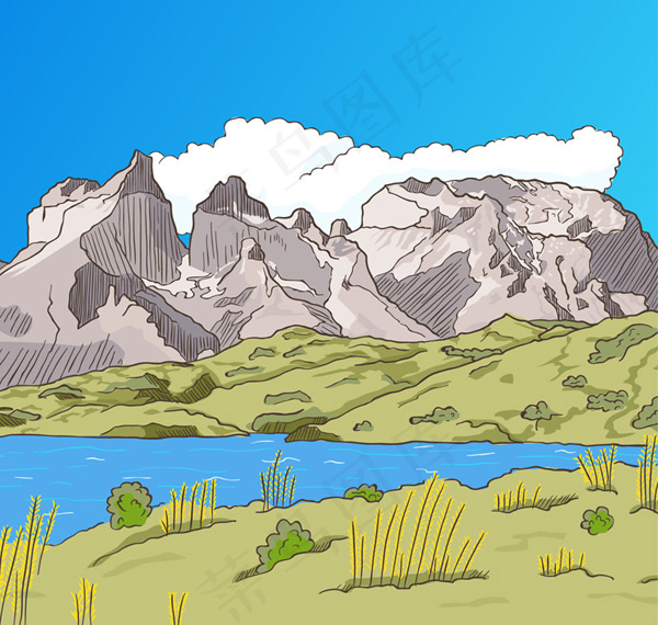 山与河流风景ai矢量模版下载