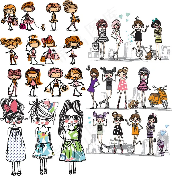 卡通线条女孩eps,ai矢量模版下载