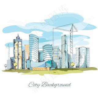手绘现代城市建筑