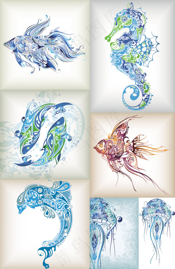 花纹海洋生物eps,ai矢量模版下载
