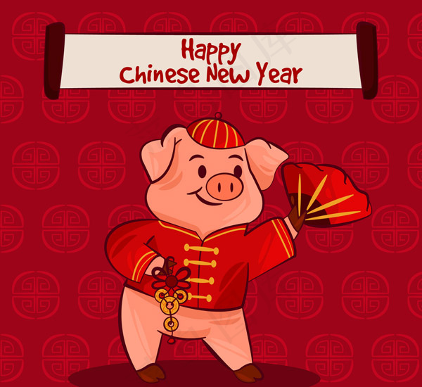 2019舞扇子猪贺卡ai矢量模版下载