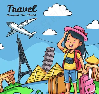 卡通旅行长发女孩