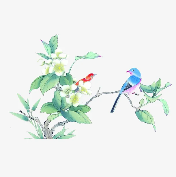 绿叶树枝蓝鸟图免抠