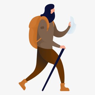 卡通夸张徒步登山男子人物插画免抠