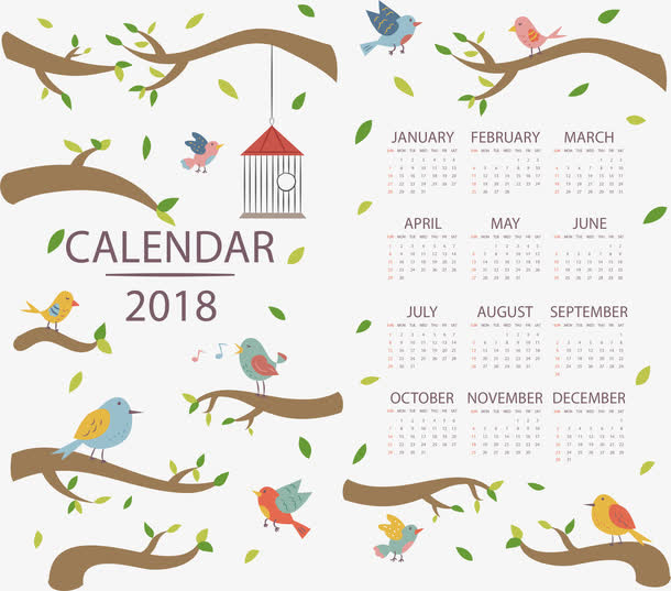 春天树枝小鸟日历模板免抠