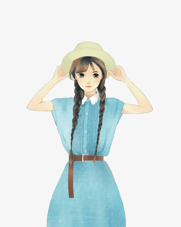 双麻花辫女孩手绘卡通免抠