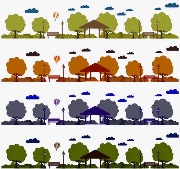 彩色节奏公园场景手绘绿化免抠