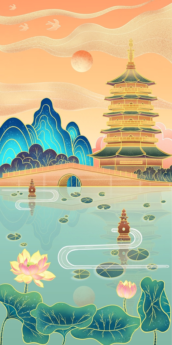 国潮手绘插画背景西湖高清